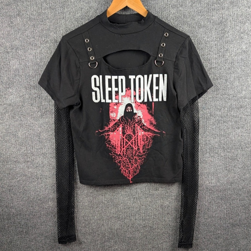Sleep Token Band Shirt Top Black Mesh Long Sleeve Cutout Grommet Tour Merch